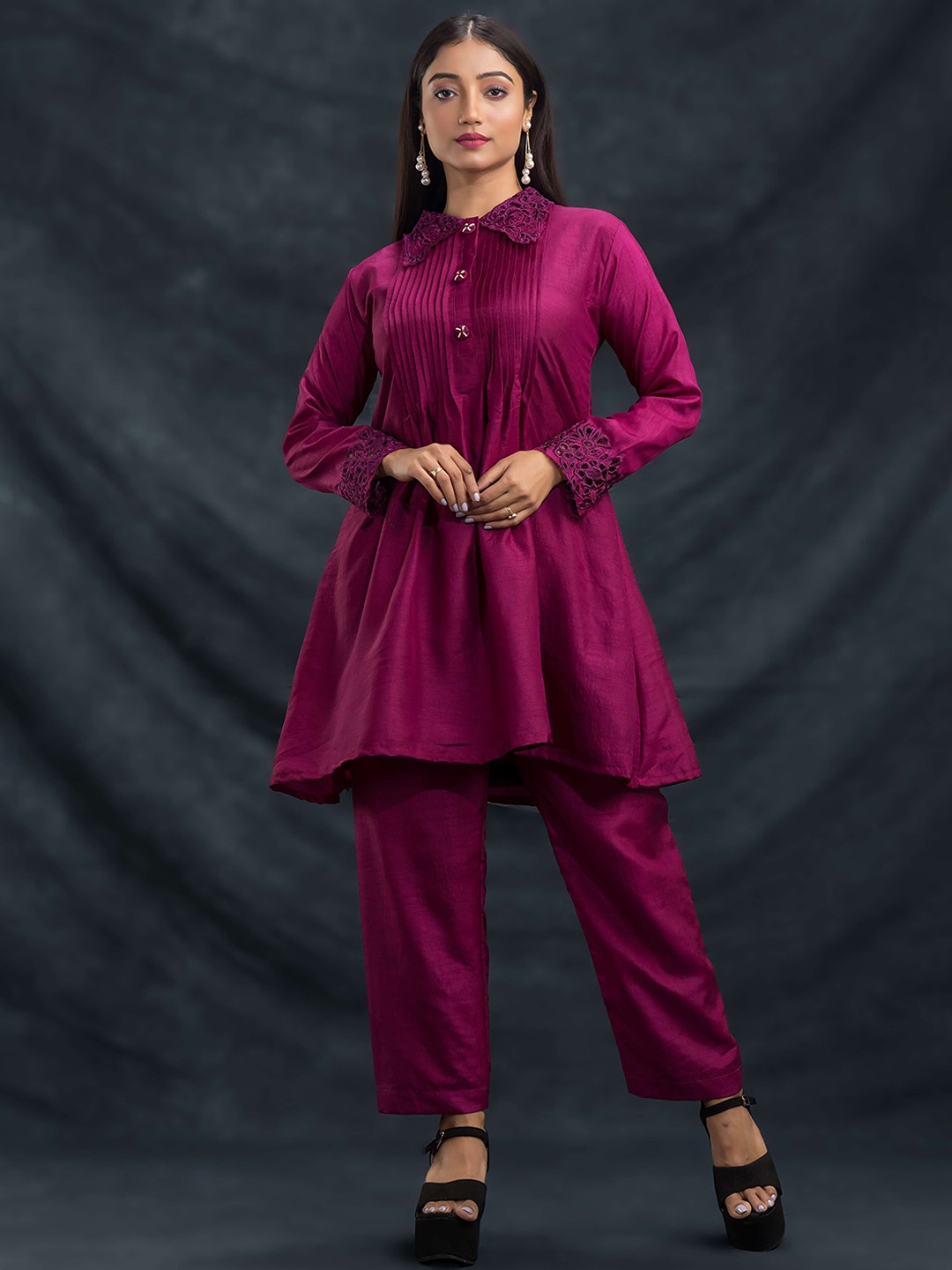 

SACRED SUTA Embroidered Shirt Collar Top With Trousers, Purple