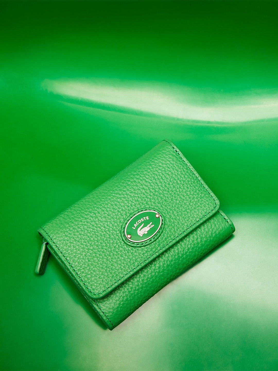 

Lacoste Women Textured Leather Three Fold Wallet, Green