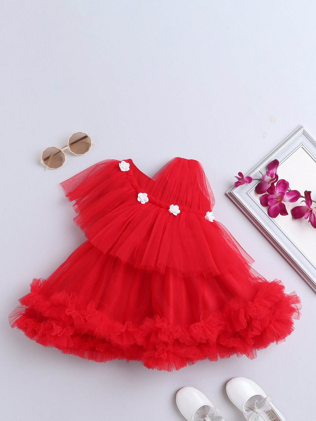 

MANY FROCKS & Girls Net One Shoulder Sleeveless Fit & Flare Dress, Red