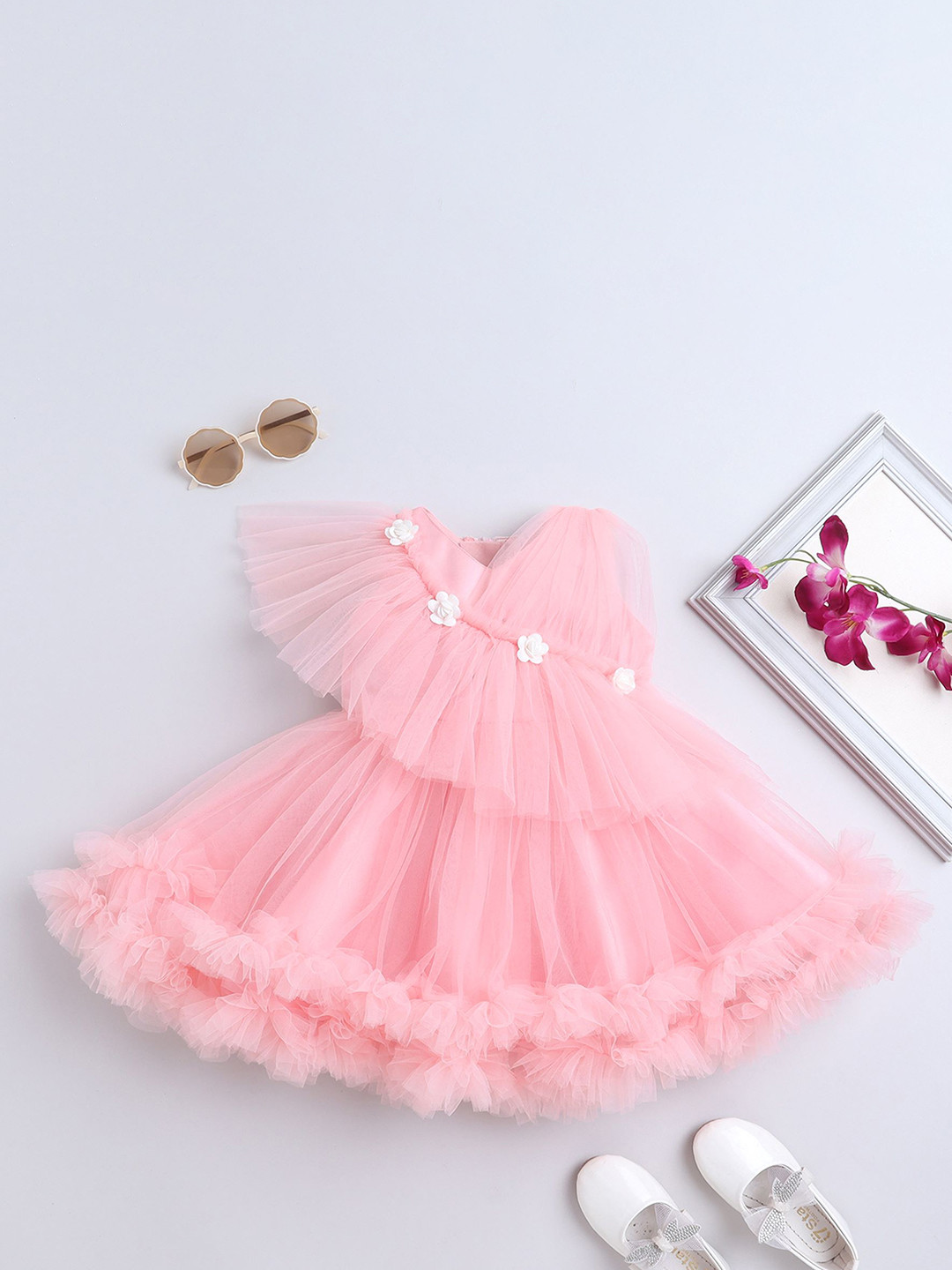 

MANY FROCKS & Girls Net One Shoulder Sleeveless Fit & Flare Dress, Pink