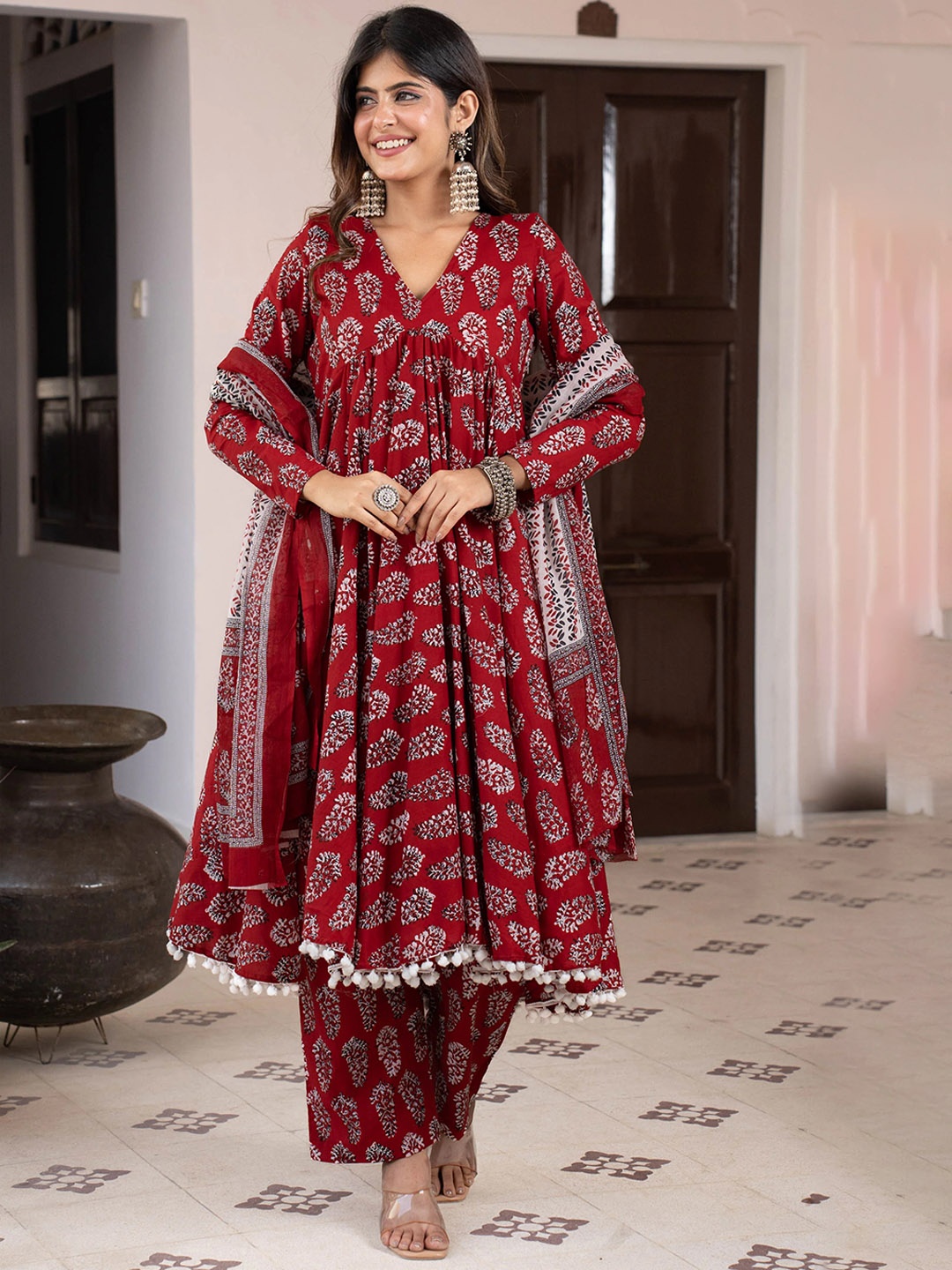 

KALINI Ethnic Motifs Printed Empire Anarkali Kurta With Trousers & Dupatta, Red