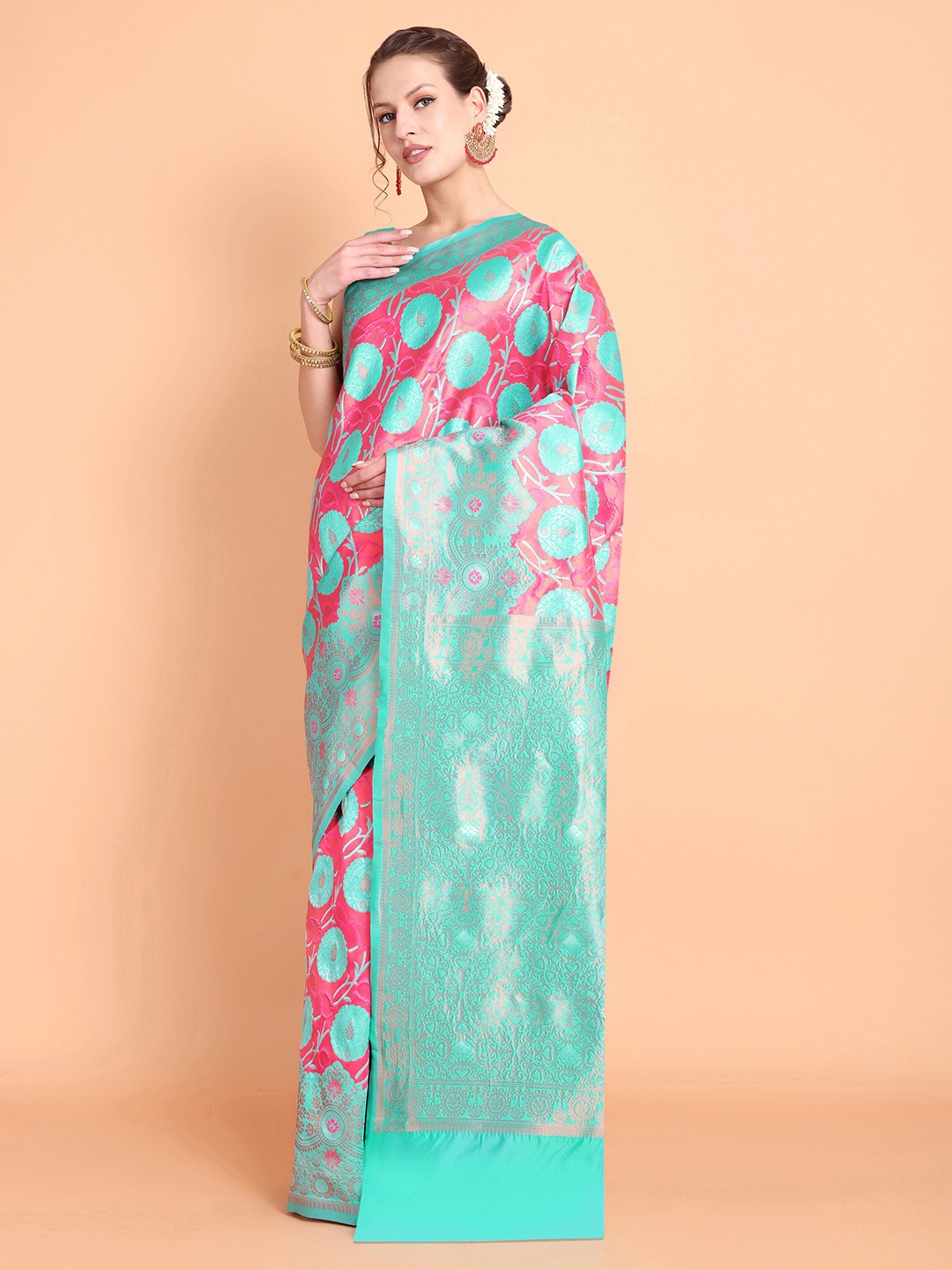 

Taslar Floral Woven Design Zari Silk Cotton Banarasi Saree, Sea green