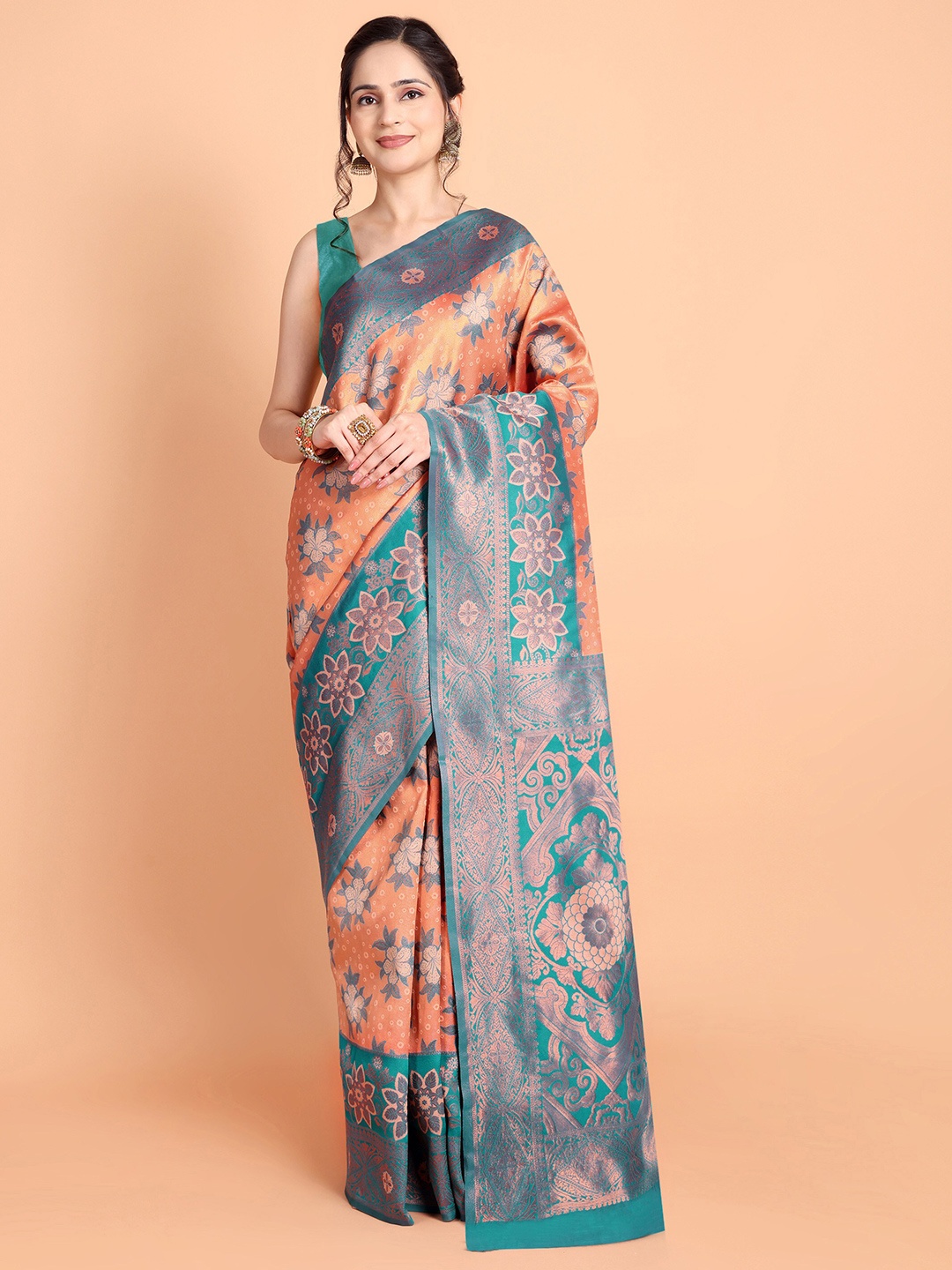 

Taslar Floral Woven Design Zari Silk Cotton Banarasi Saree, Peach