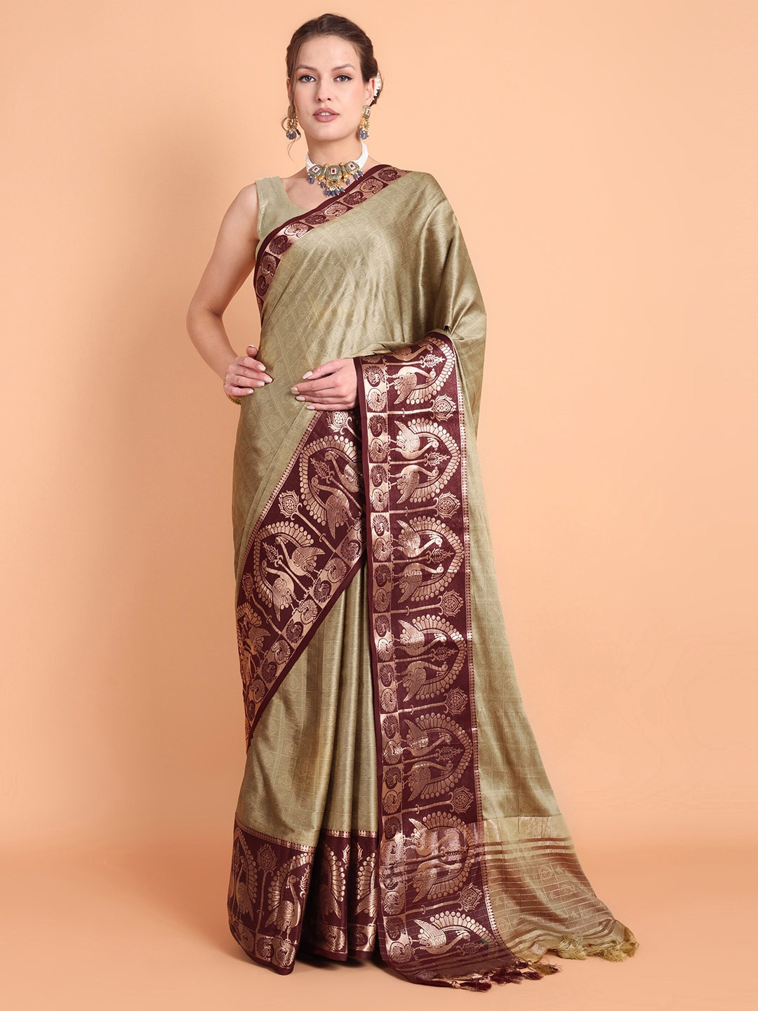 

Taslar Woven Design Zari Silk Cotton Banarasi Saree, Cream