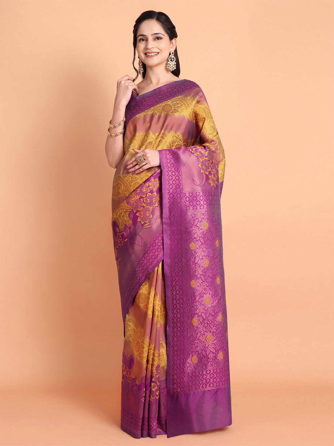 

Taslar Floral Woven Design Zari Silk Cotton Banarasi Saree, Gold