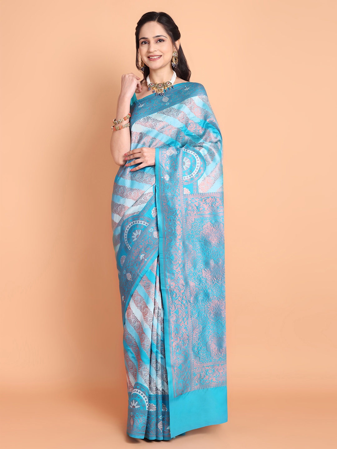 

Taslar Leheriya Woven Design Zari Silk Cotton Banarasi Saree, Blue