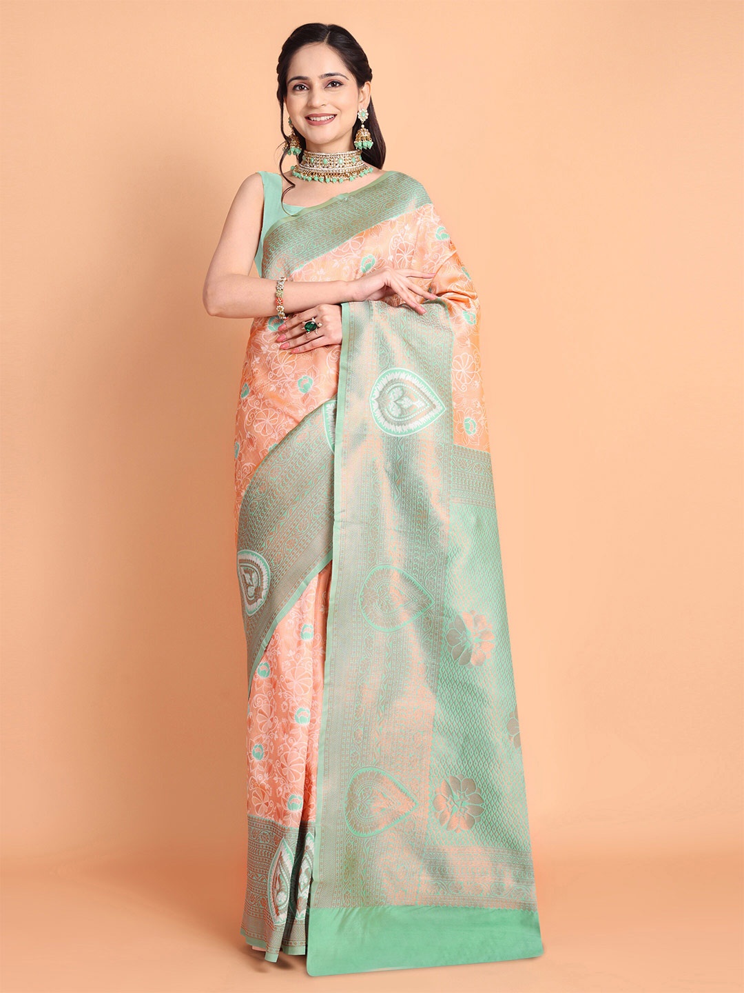 

Taslar Woven Design Zari Silk Cotton Banarasi Saree, Peach
