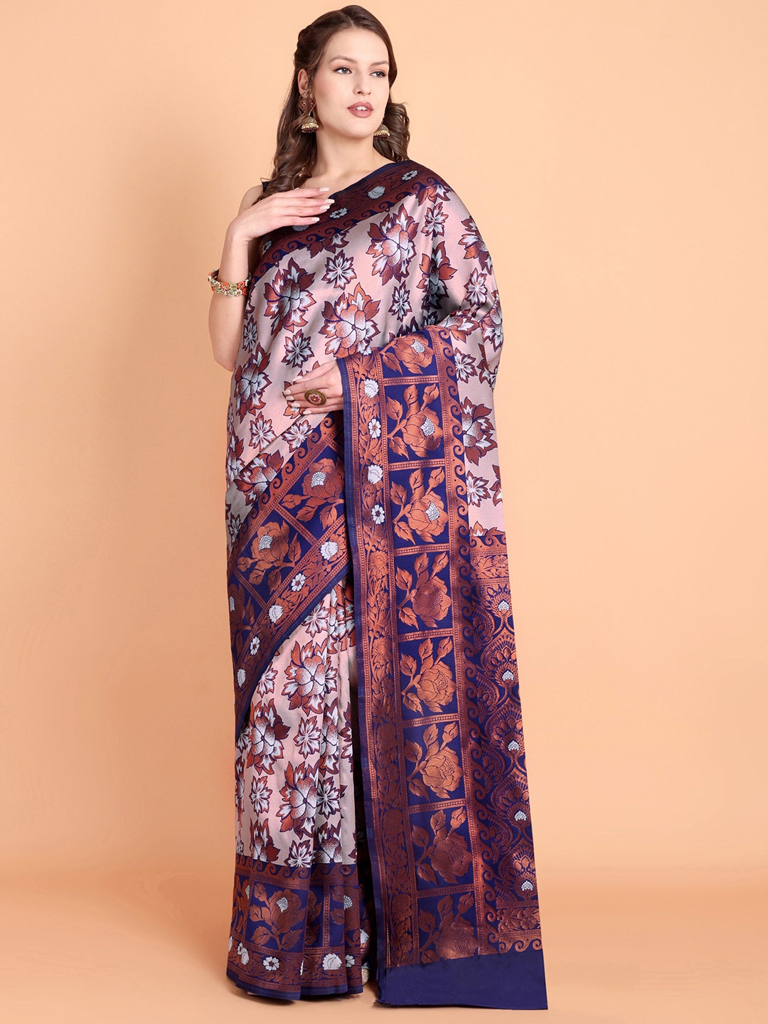 

Taslar Ethnic Motifs Woven Design Zari Silk Cotton Banarasi Saree, Navy blue