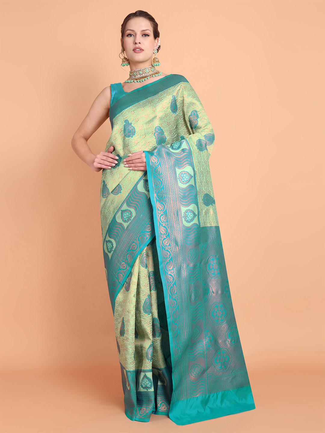 

Taslar Floral Woven Design Zari Silk Cotton Banarasi Saree, Sea green