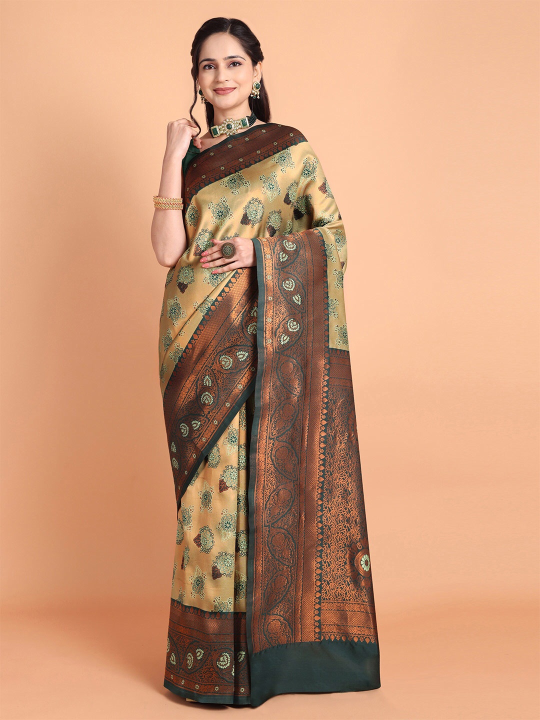 

Taslar Ethnic Motifs Woven Design Zari Silk Cotton Banarasi Saree, Green