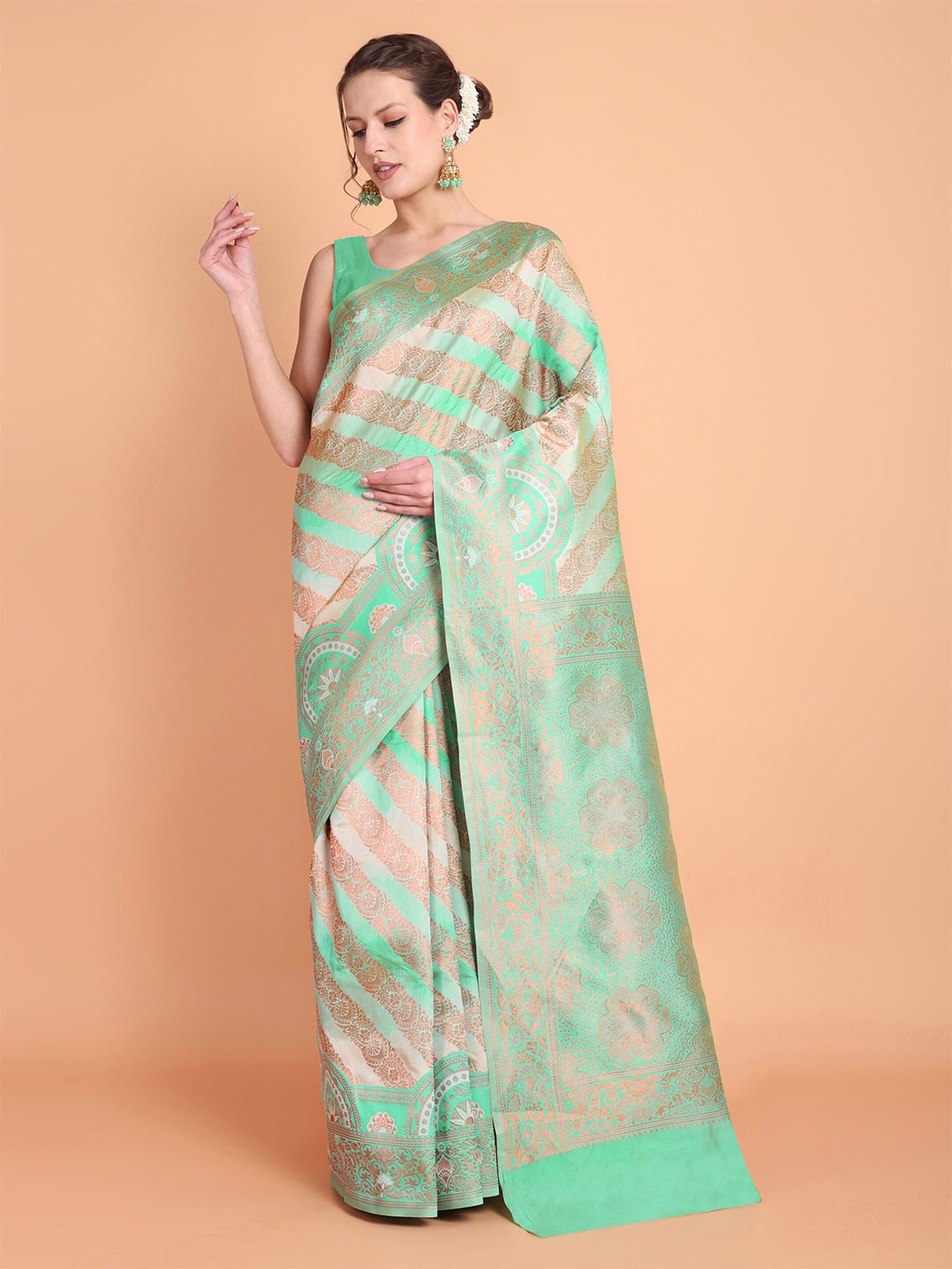 

Taslar Woven Design Silk Cotton Banarasi Saree, Sea green