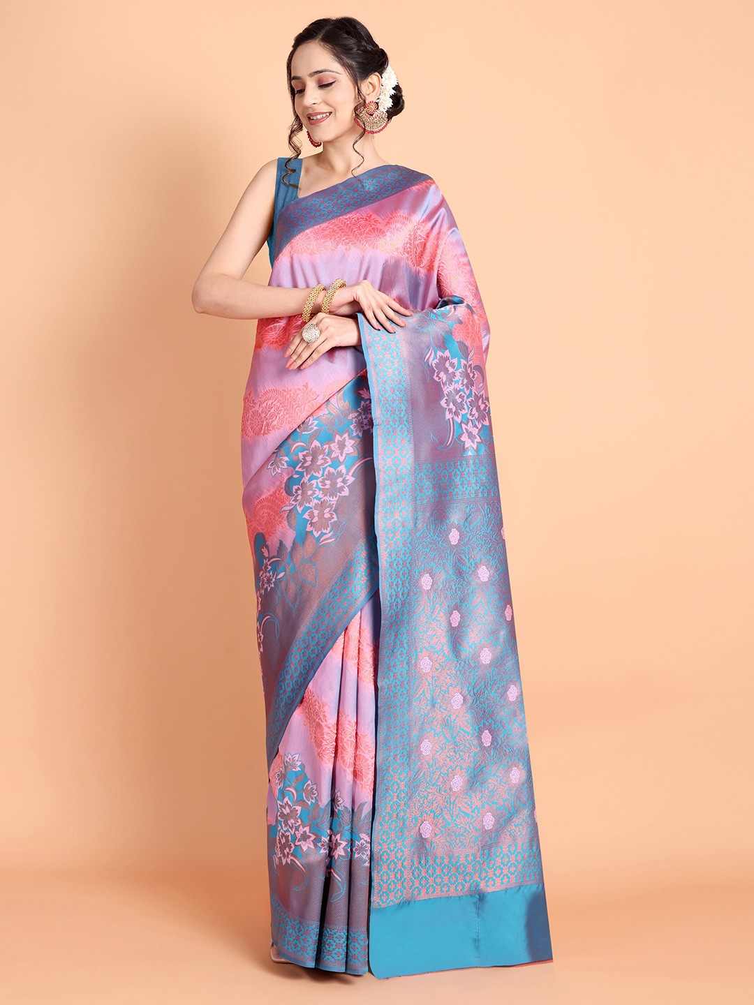 

Taslar Floral Woven Design Zari Banarasi Saree, Pink