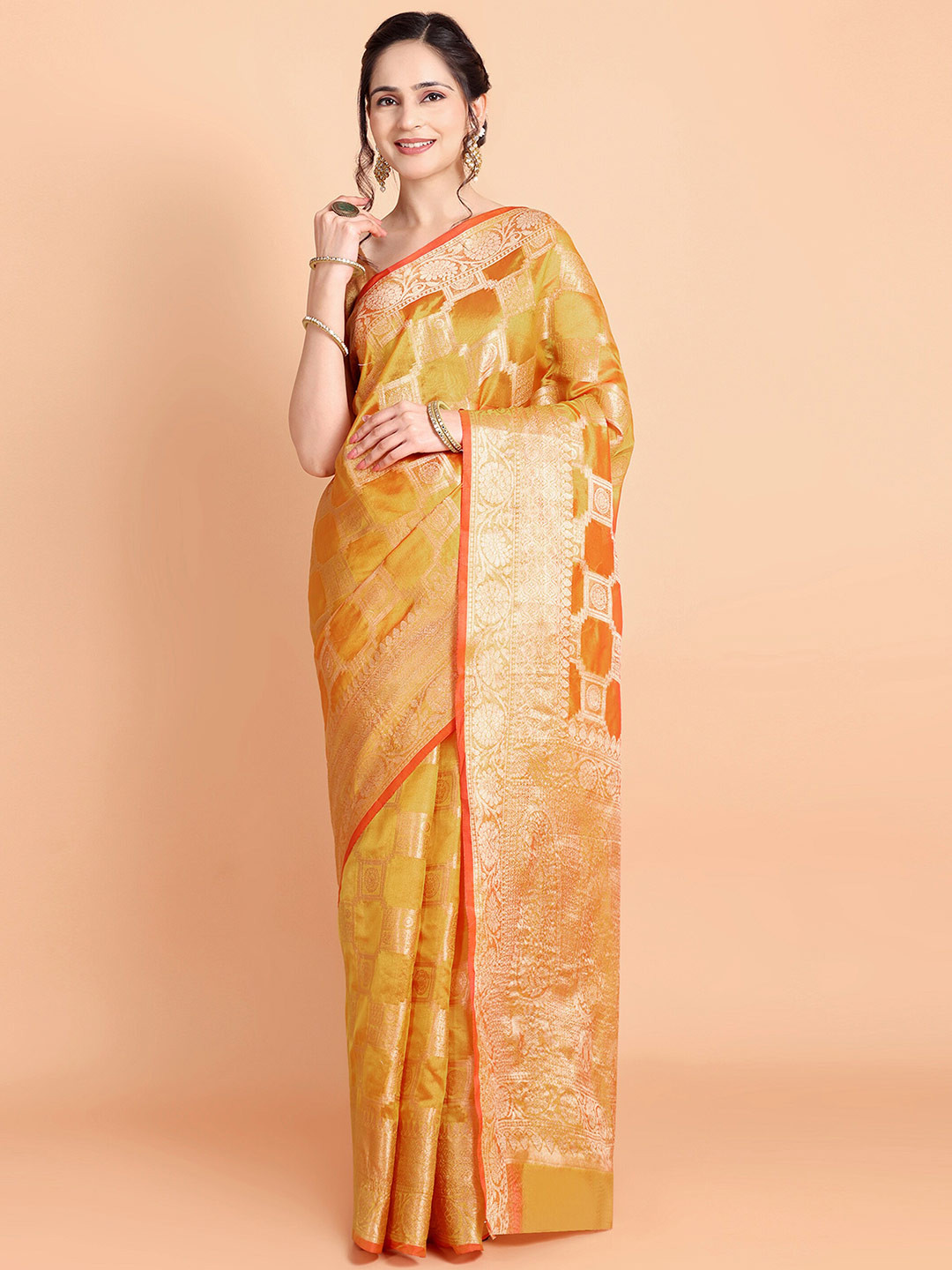 

Taslar Geometric Woven Design Zari Silk Cotton Banarasi Saree, Orange