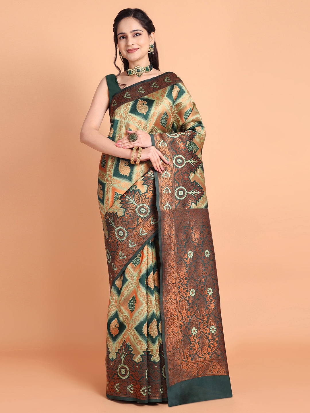 

Taslar Woven Design Zari Silk Cotton Banarasi Saree, Green