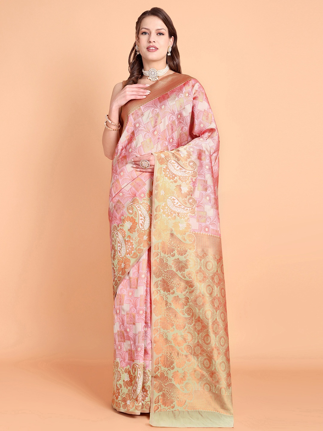 

Taslar Woven Design Zari Silk Cotton Banarasi Saree, Pink