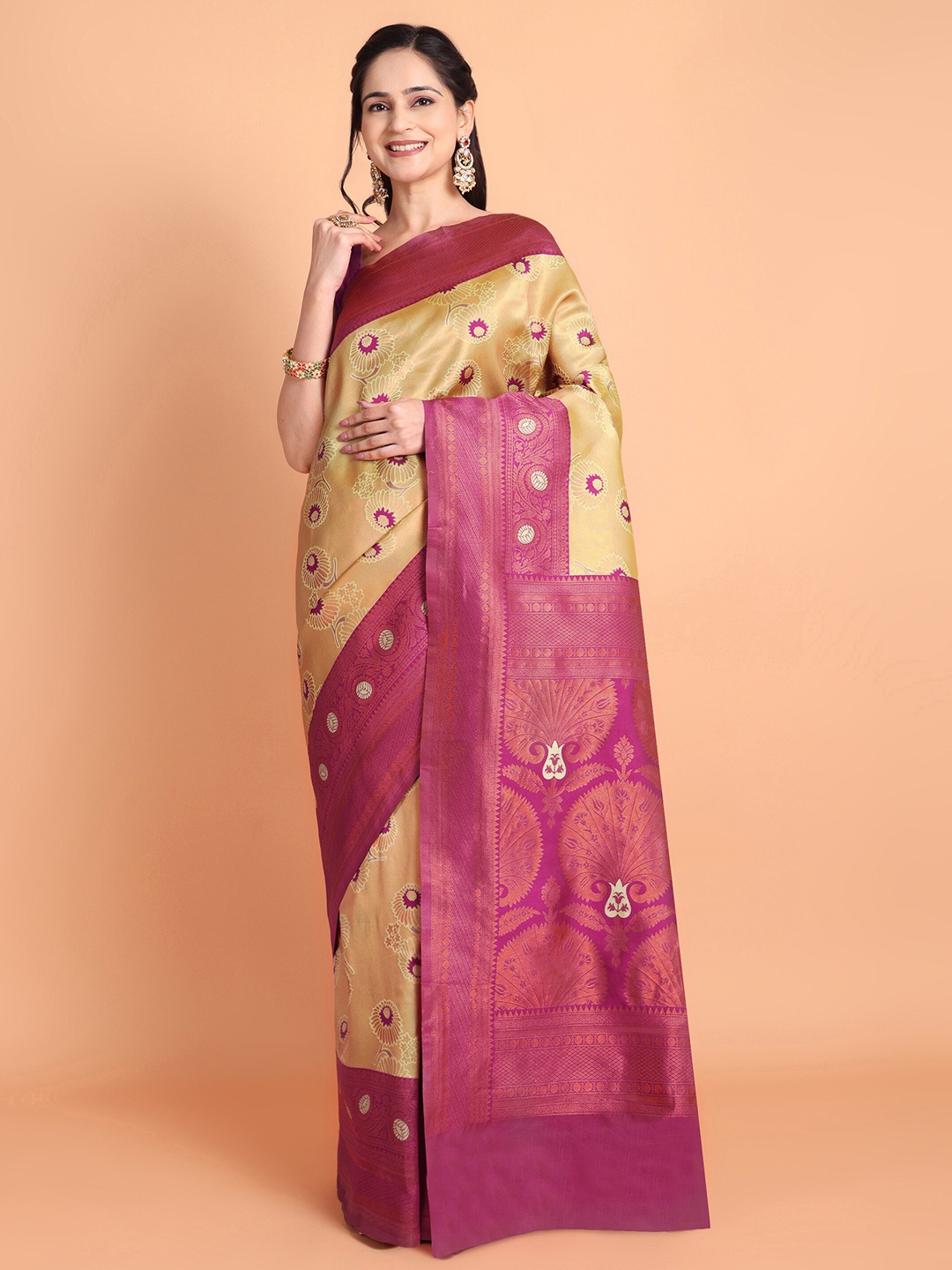 

Taslar Floral Woven Design Embroidered Silk Cotton Banarasi Saree, Cream