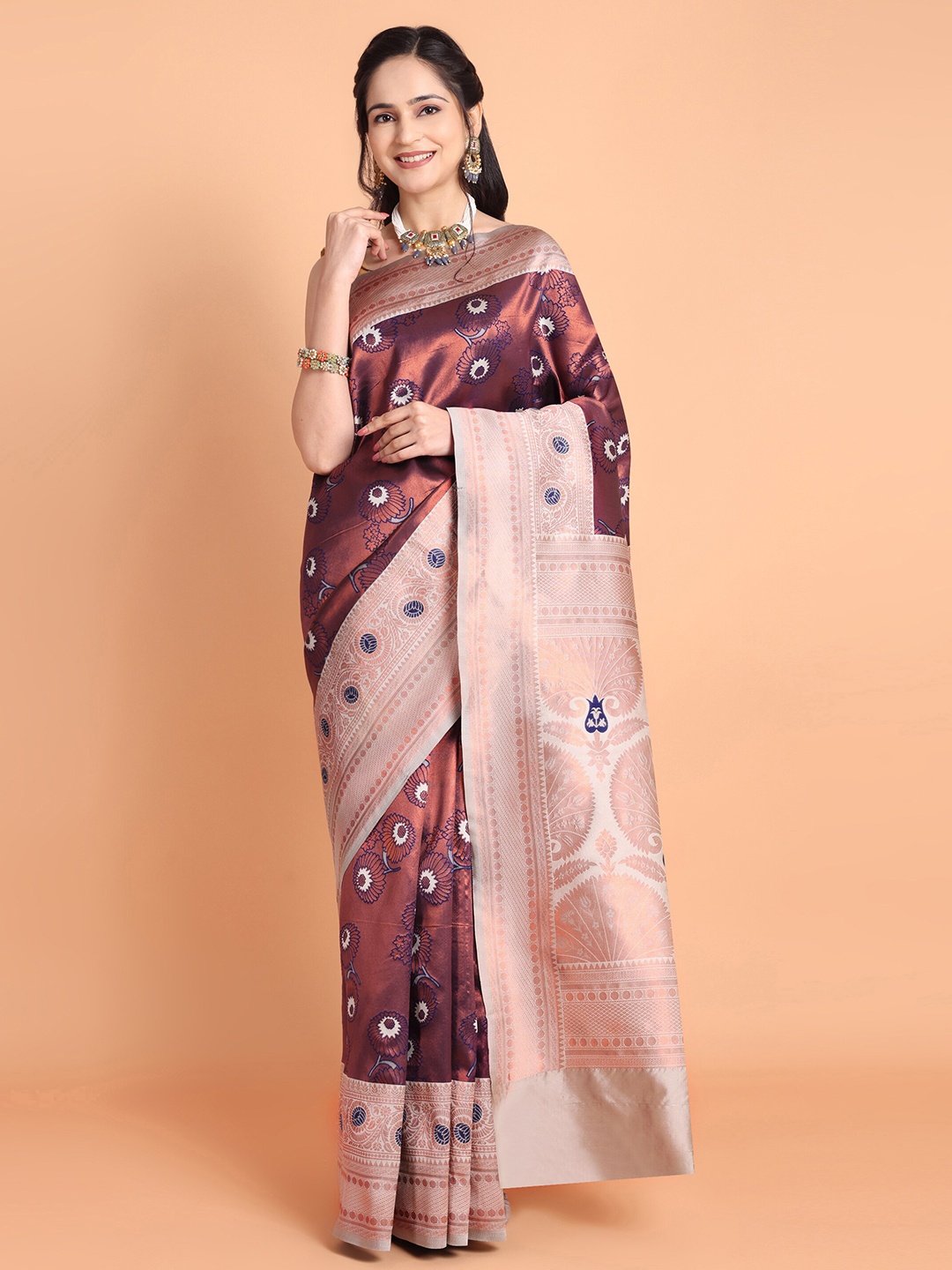 

Taslar Floral Woven Design Zari Silk Cotton Banarasi Saree, Navy blue