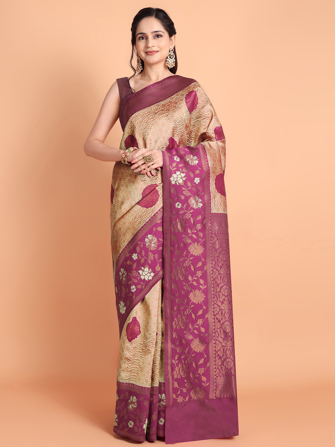 

Taslar Woven Design Zari Silk Cotton Banarasi Saree, Beige