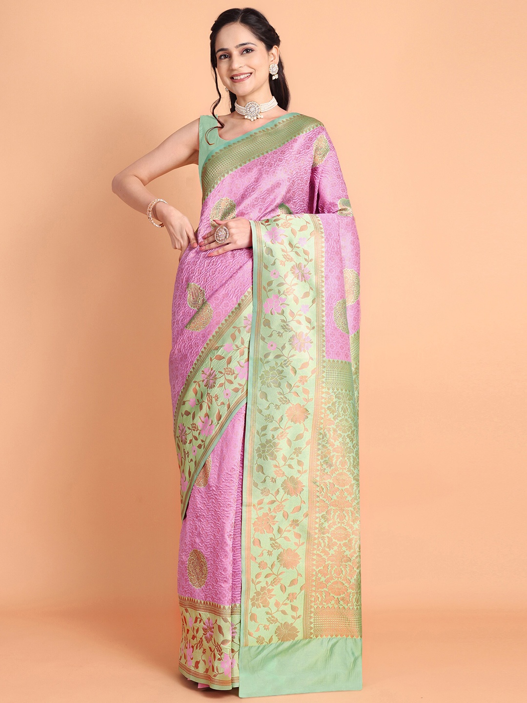 

Taslar Floral Woven Design Zari Banarasi Saree, Pink