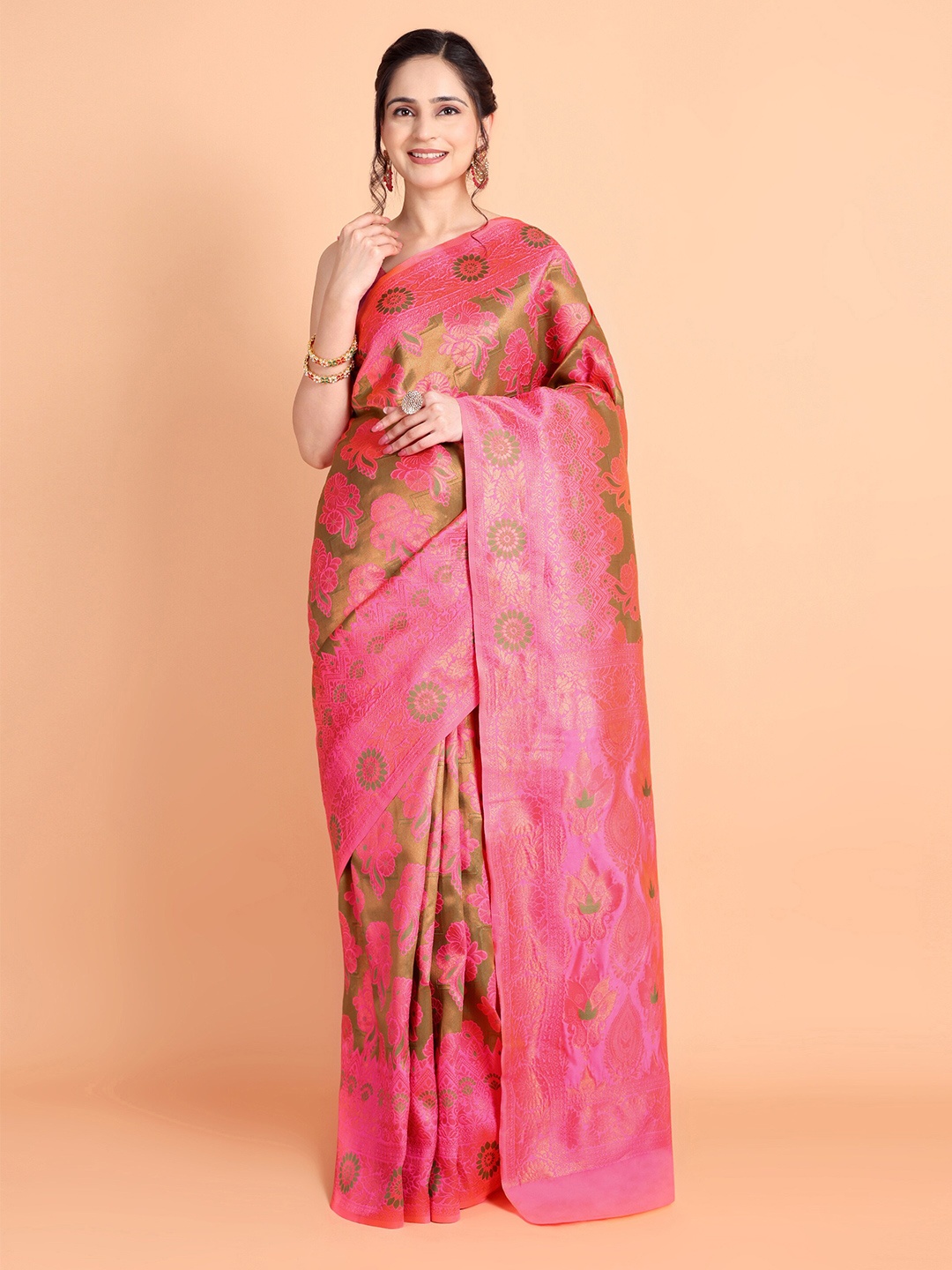 

Taslar Woven Design Zari Silk Cotton Banarasi Saree, Green