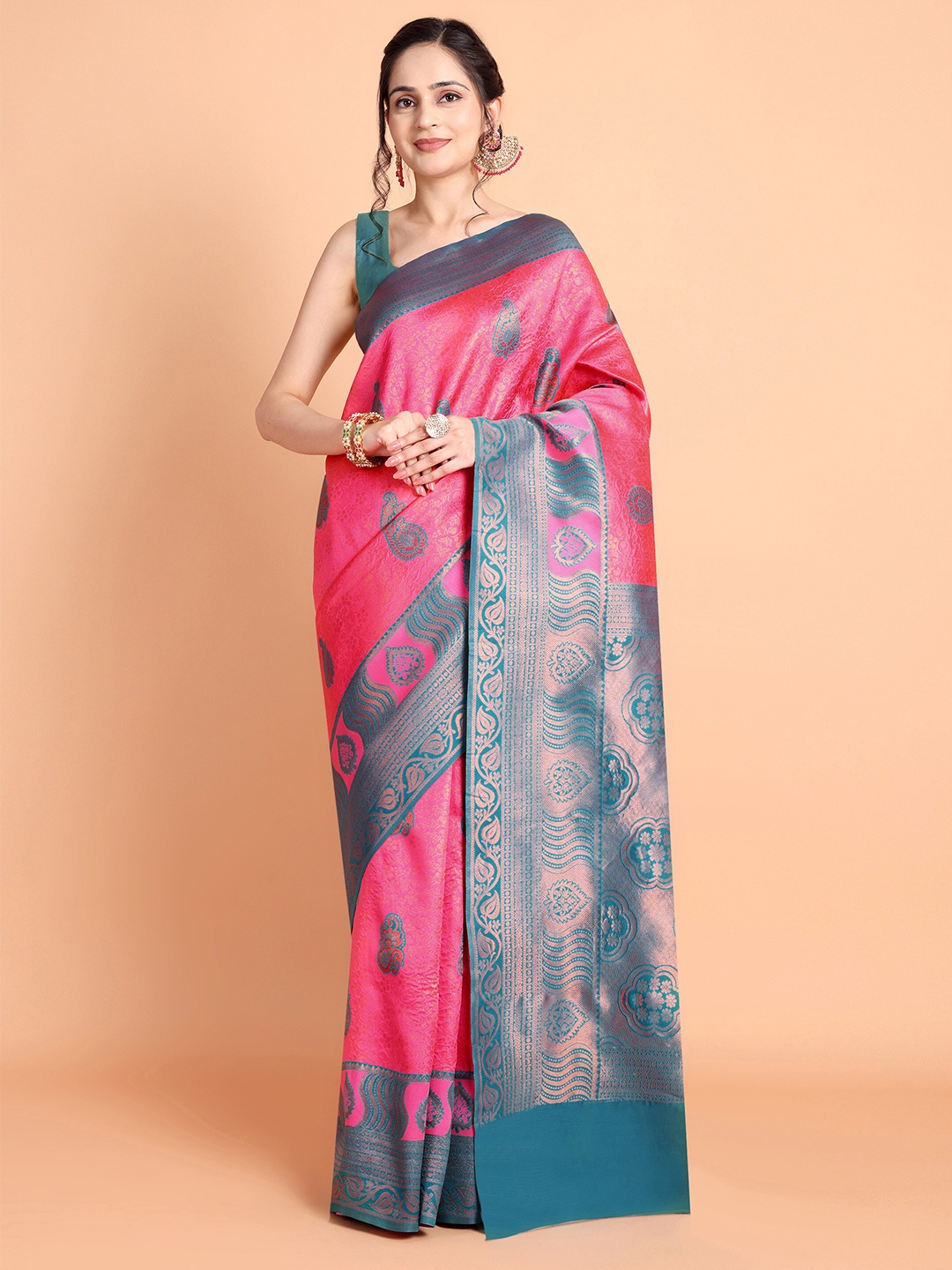 

Taslar Ethnic Motifs Woven Design Zari Silk Cotton Banarasi Saree, Pink