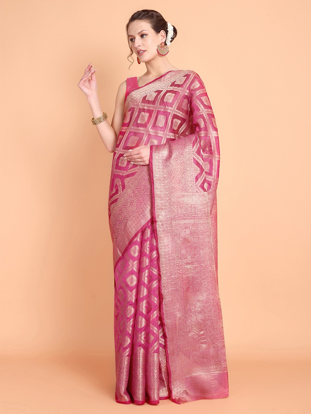 

Taslar Woven Design Zari Silk Cotton Banarasi Saree, Pink
