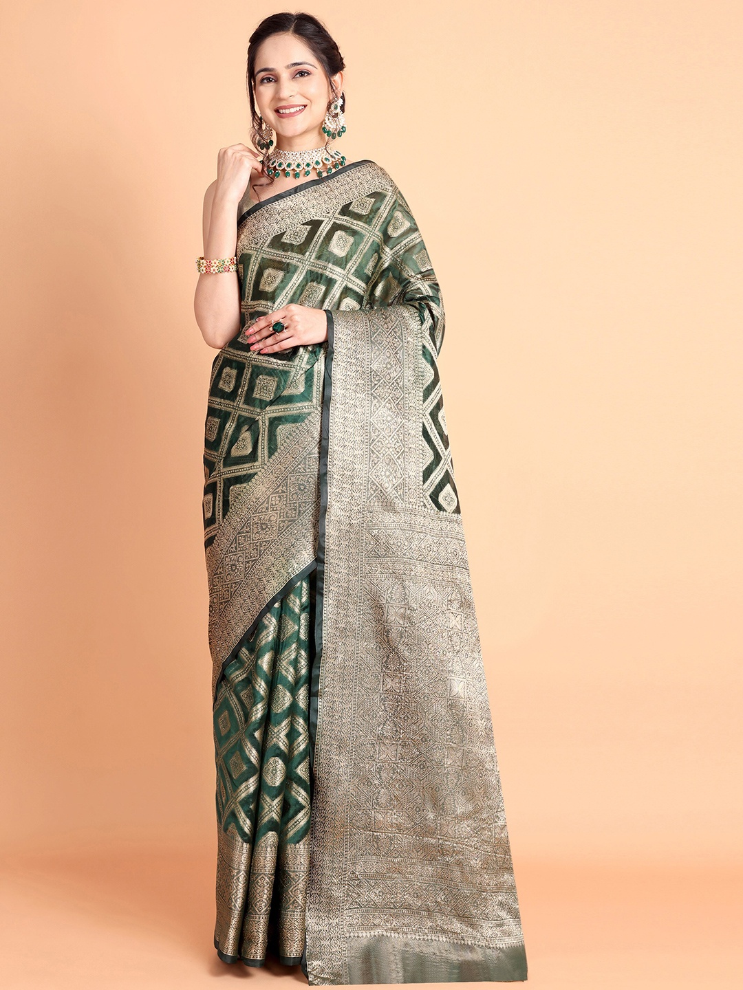 

Taslar Woven Design Zari Silk Cotton Banarasi Saree, Green
