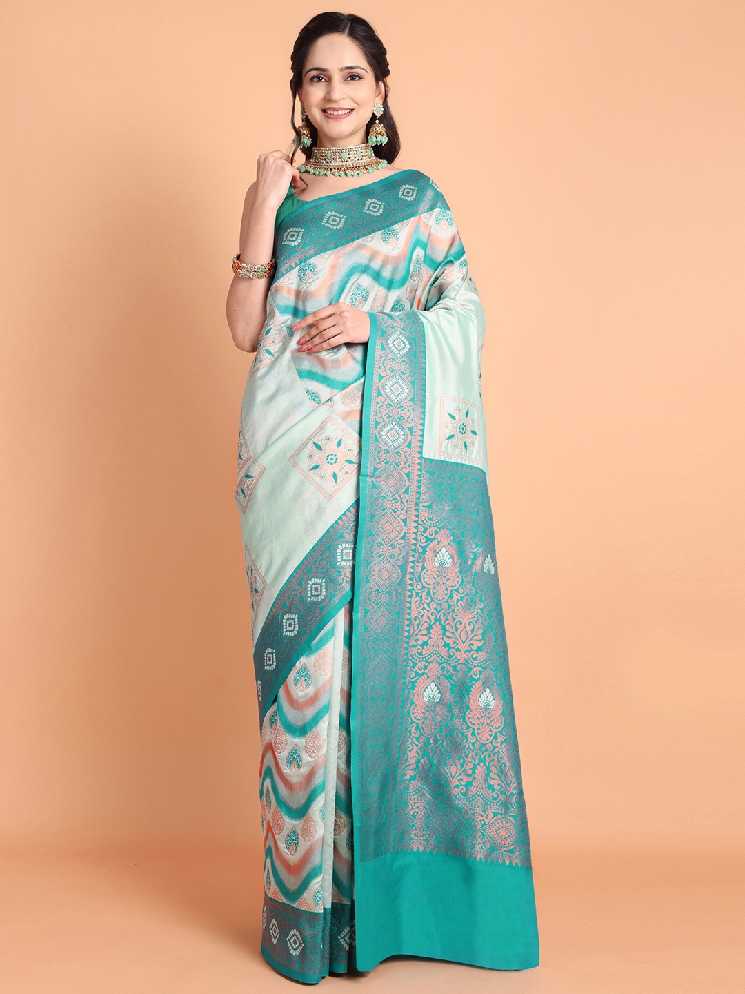 

Taslar Floral Woven Design Zari Silk Cotton Banarasi Saree, Blue