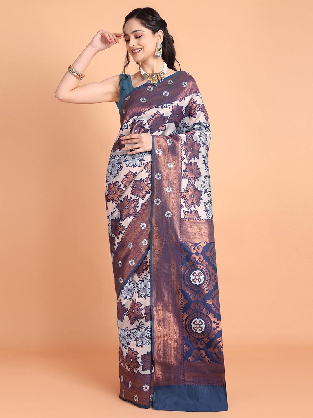 

Taslar Ethnic Motifs Zari Silk Cotton Banarasi Saree, Navy blue