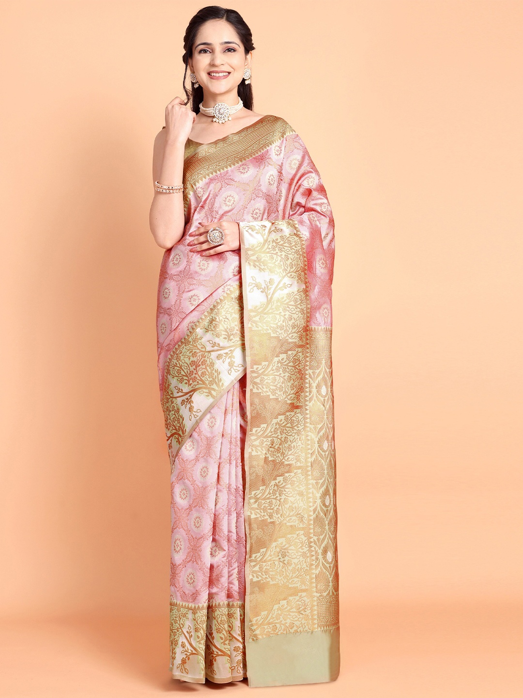 

Taslar Woven Design Zari Silk Cotton Banarasi Saree, Pink