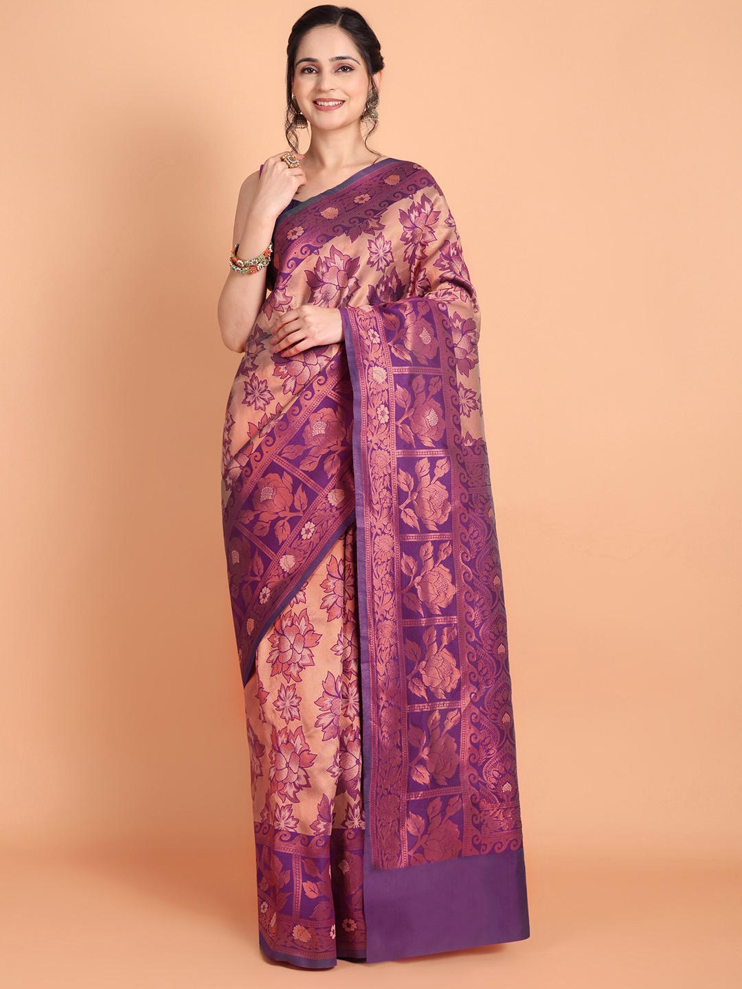 

Taslar Floral Woven Design Zari Banarasi Saree, Purple