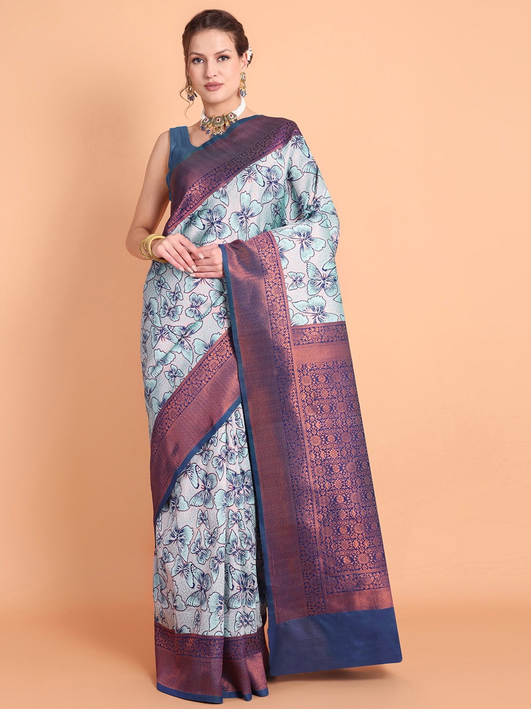 

Taslar Floral Woven Design Zari Silk Cotton Banarasi Saree, Turquoise blue