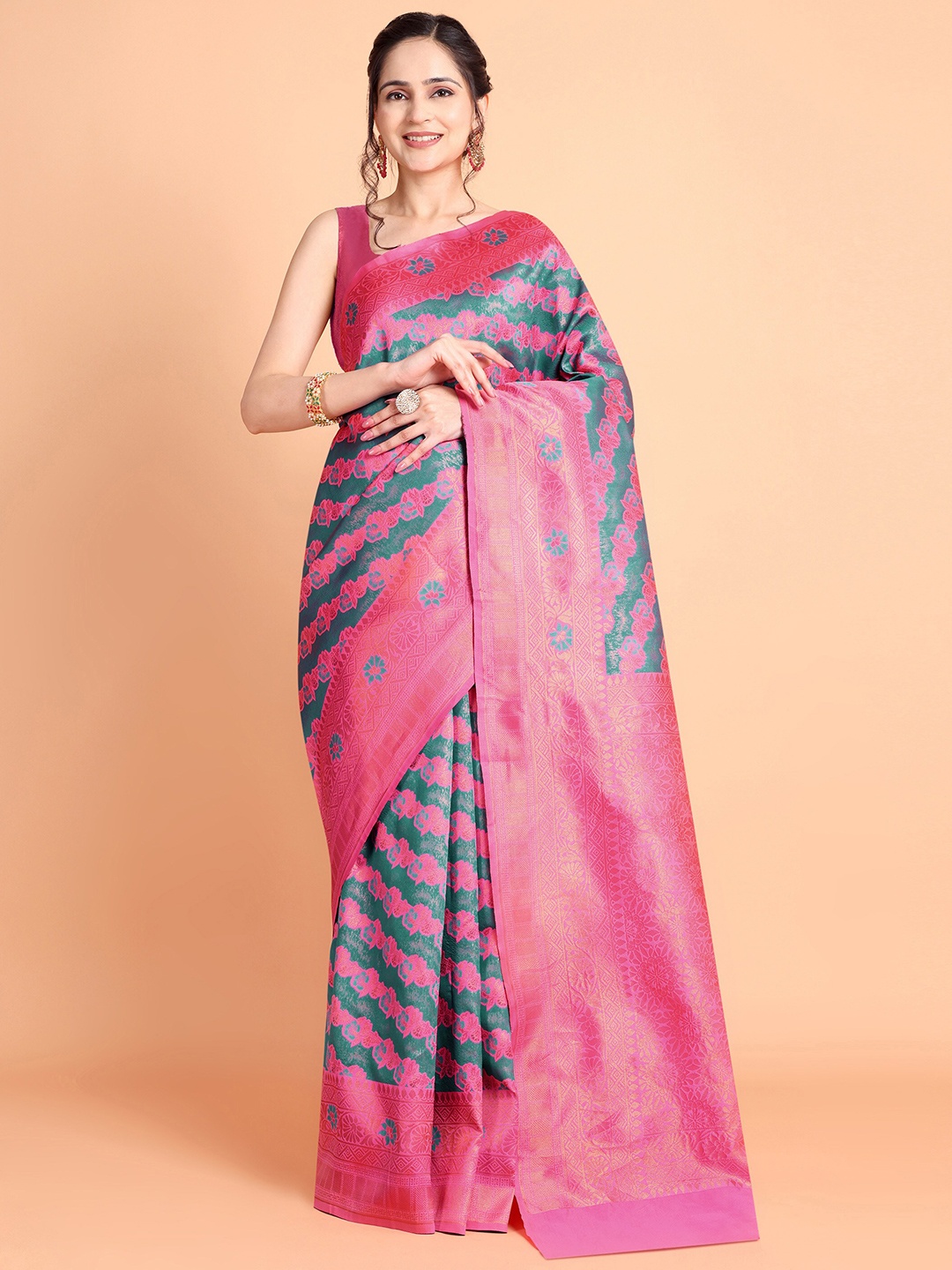 

Taslar Floral Woven Design Zari Silk Cotton Banarasi Saree, Blue