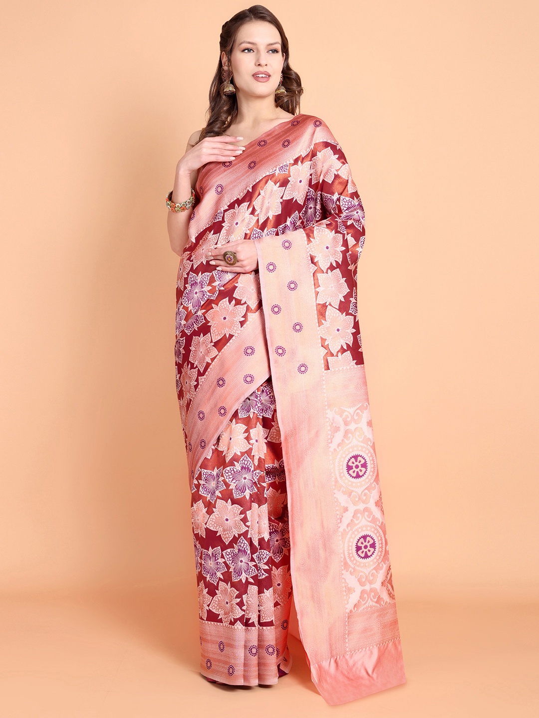 

Taslar Woven Design Zari Silk Cotton Banarasi Saree, Brown