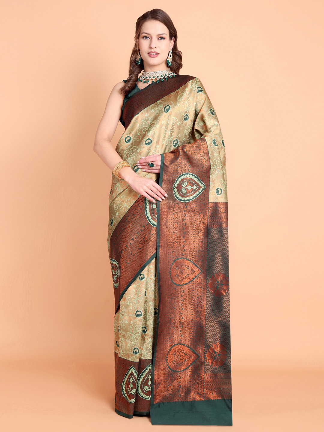 

Taslar Floral Woven Design Zari Banarasi Saree, Sea green