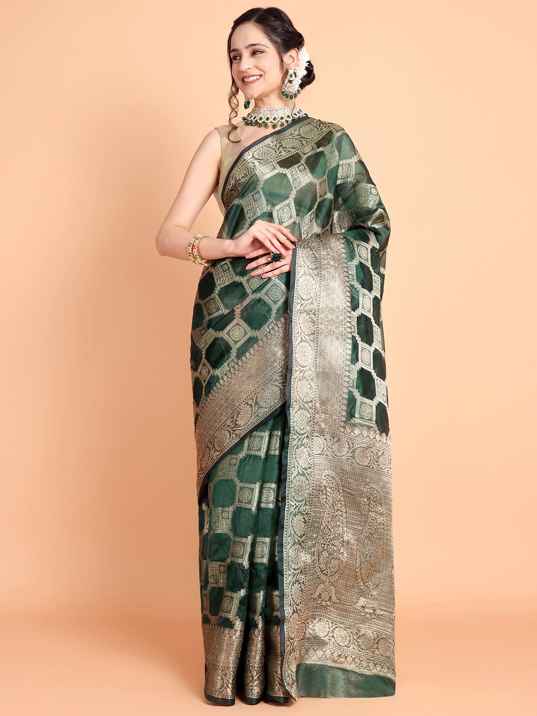 

Taslar Woven Design Zari Silk Cotton Banarasi Saree, Green