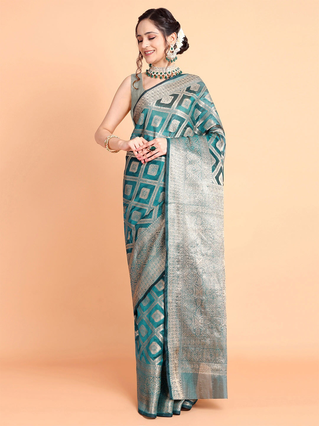 

Taslar Geometric Woven Design Zari Silk Cotton Banarasi Saree, Blue