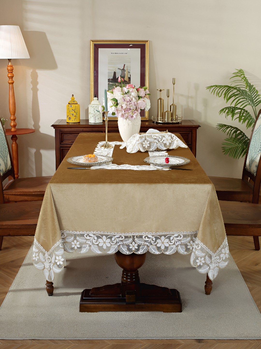 MONKDECOR Gold-Toned Floral Anti-Skid 2-Seater Velvet Table Cover with Embroidered details