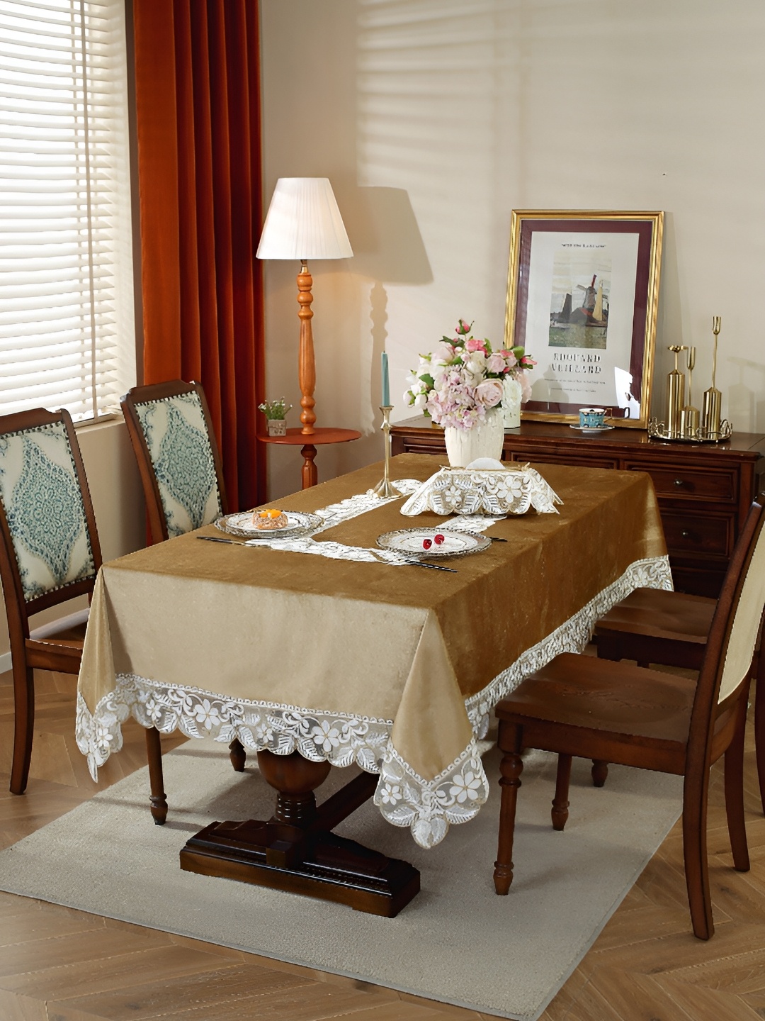 

MONKDECOR Gold Toned Floral 6-Seater Table Cover with Embroidered details