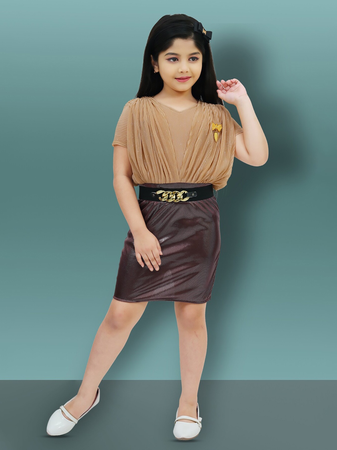 

BAESD Girls V-Neck Belted Silk Blouson Dress, Brown