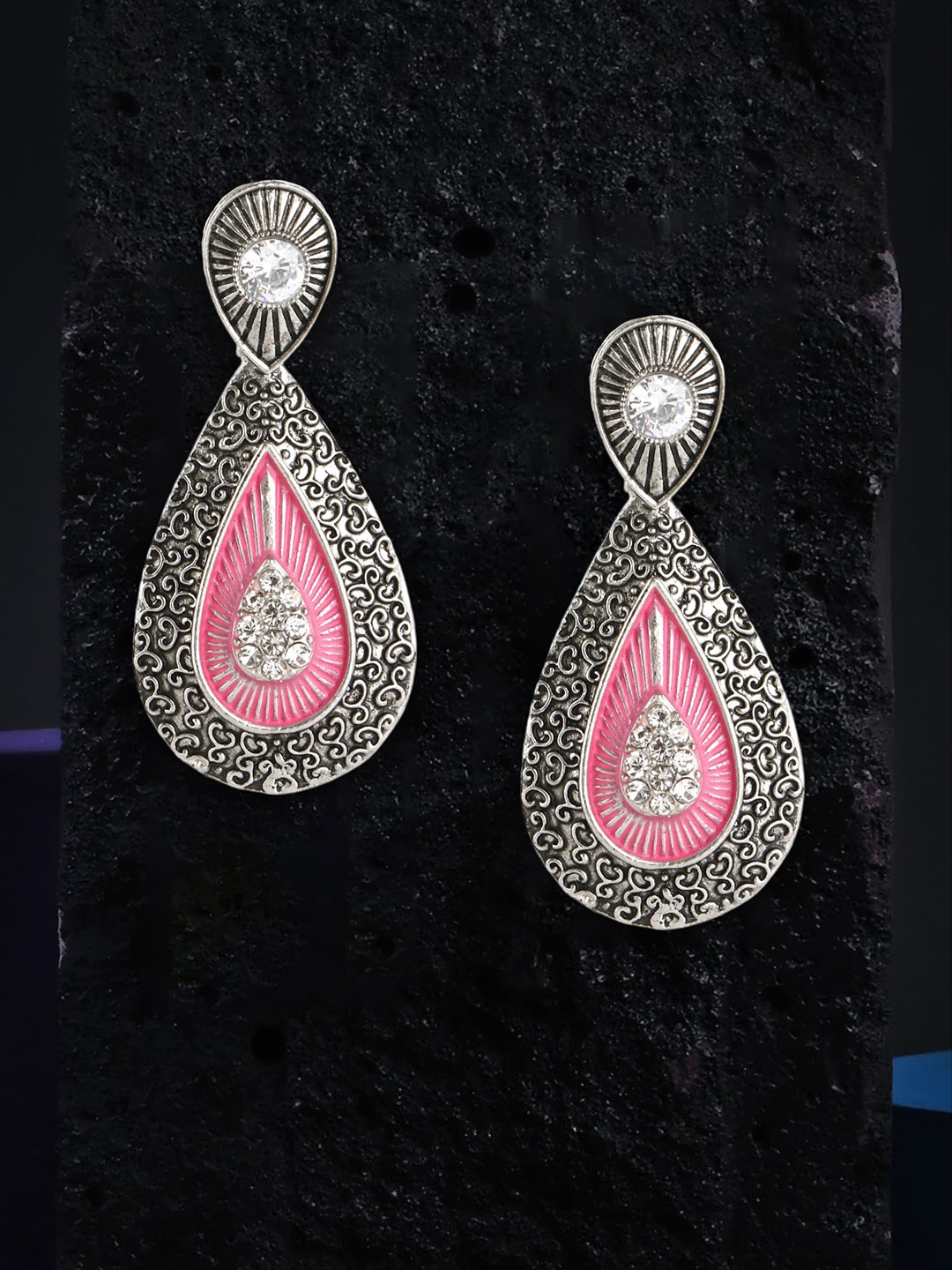 

Sangria Silver-Plated Stone Studded Oxidised Drop Earrings