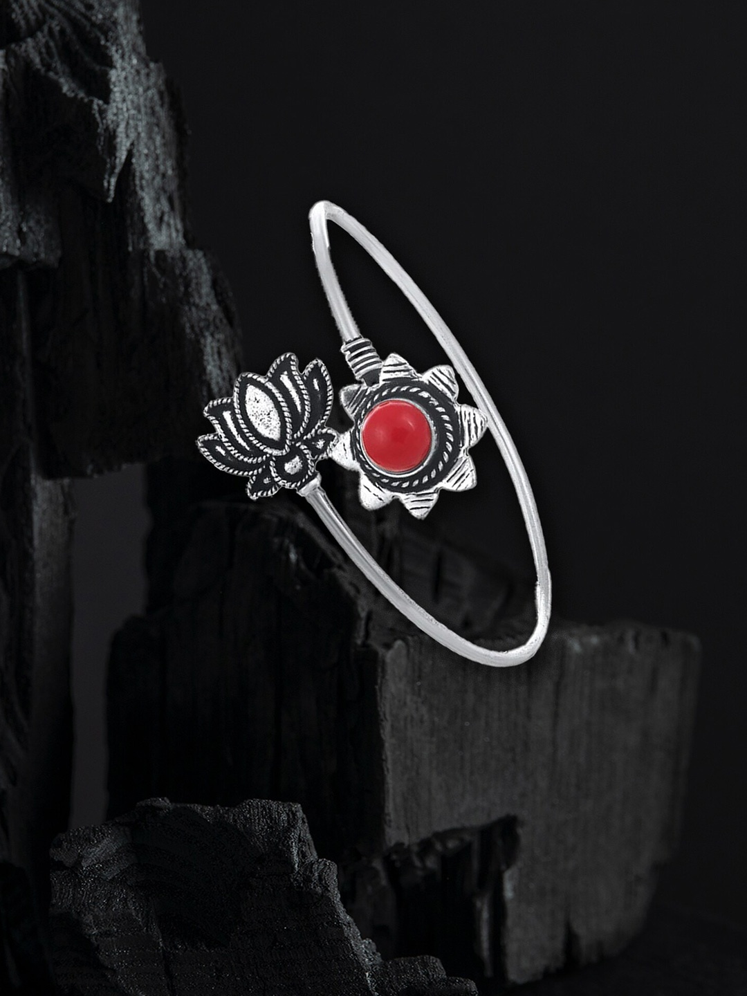 

Sangria Silver-Plated Stone Studded Floral Oxidised Adjustable Wraparound Bracelet