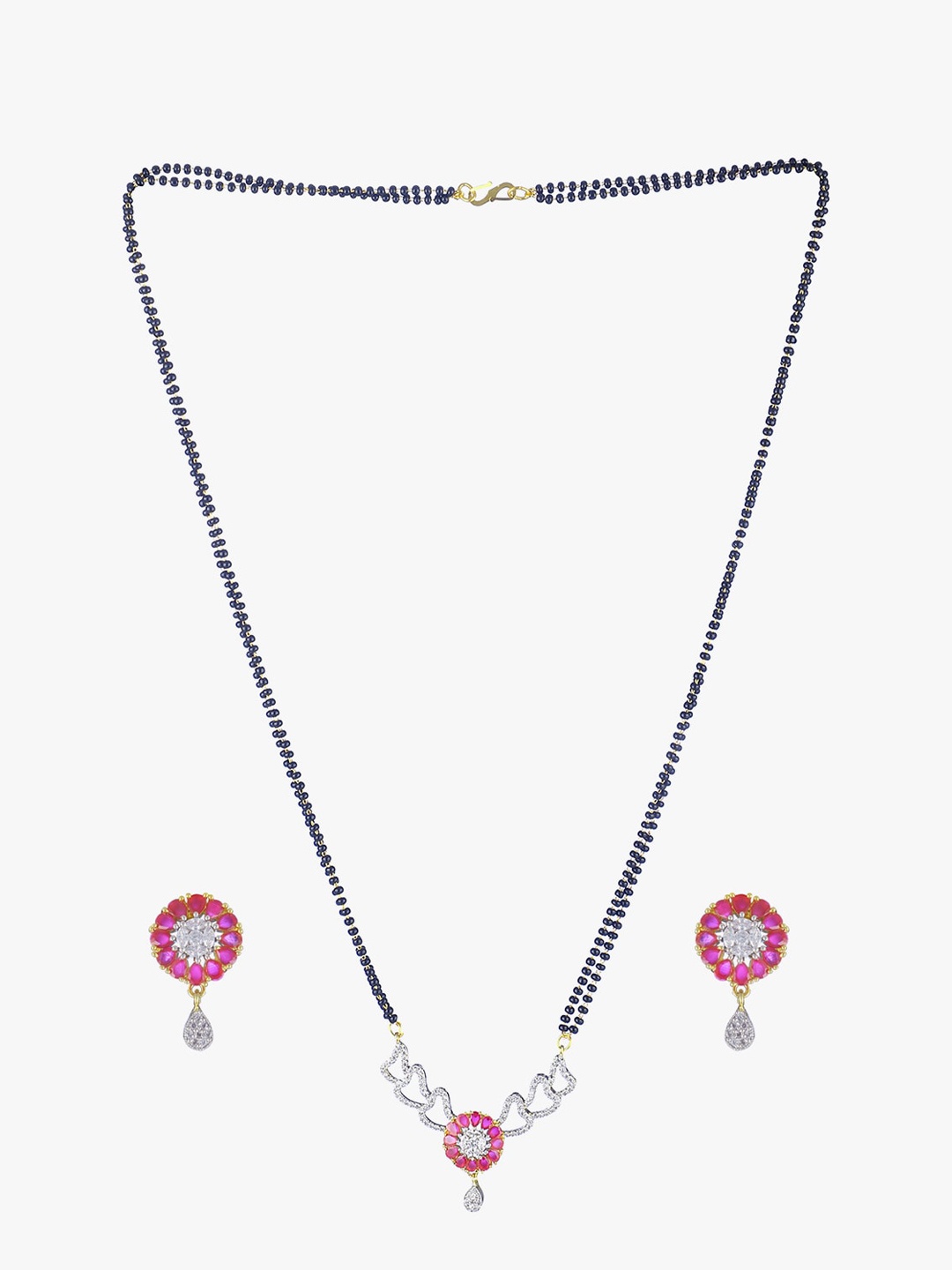 

Adwitiya Collection Gold-Plated American Diamond Studded & Beaded Mangalsutra & Earrings