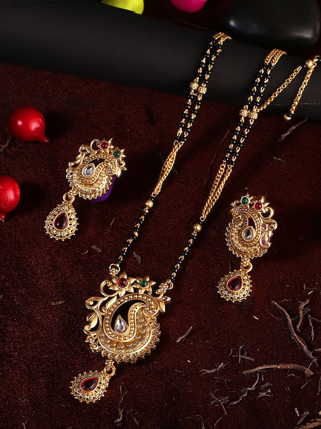 

Adwitiya Collection Gold-Plated Stones Studded & Beaded Mangalsutra With Earrings