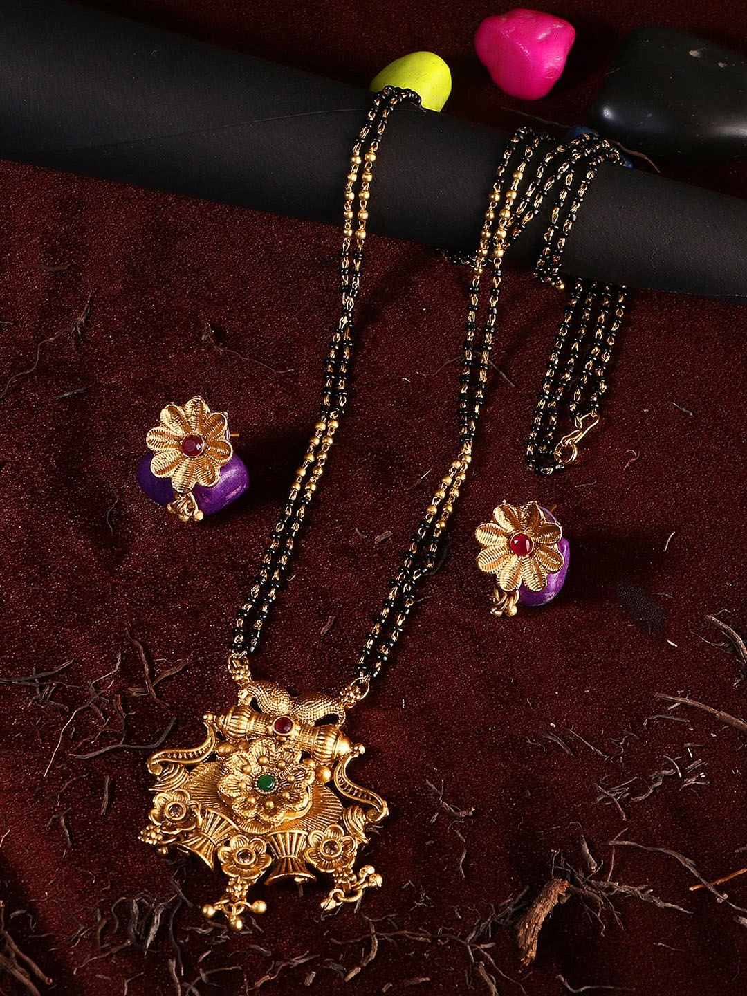 

Adwitiya Collection Gold-Plated Stones Studded & Beaded Mangalsutra With Earrings