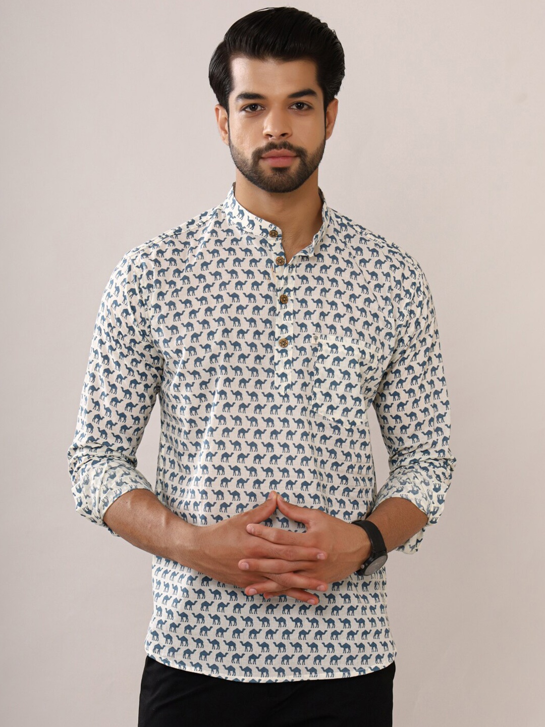 

Hues Fab Mandarin Collar Ethnic Motifs Printed Cotton Kurta, Blue