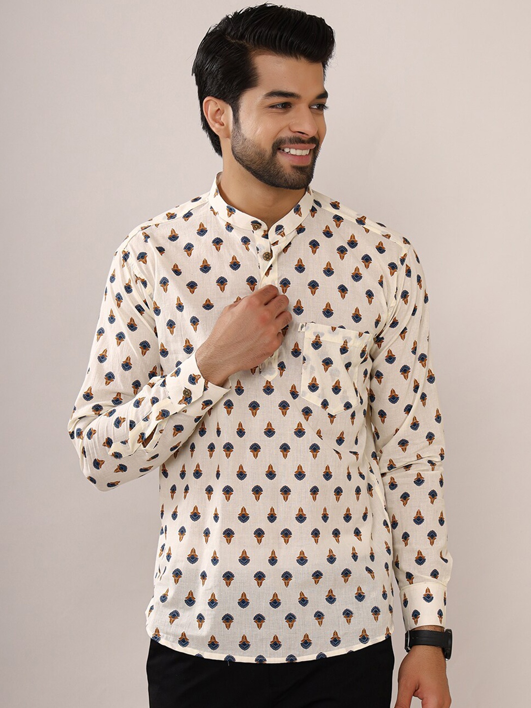 

Hues Fab Mandarin Collar Ethnic Motifs Printed Cotton Kurta, Cream