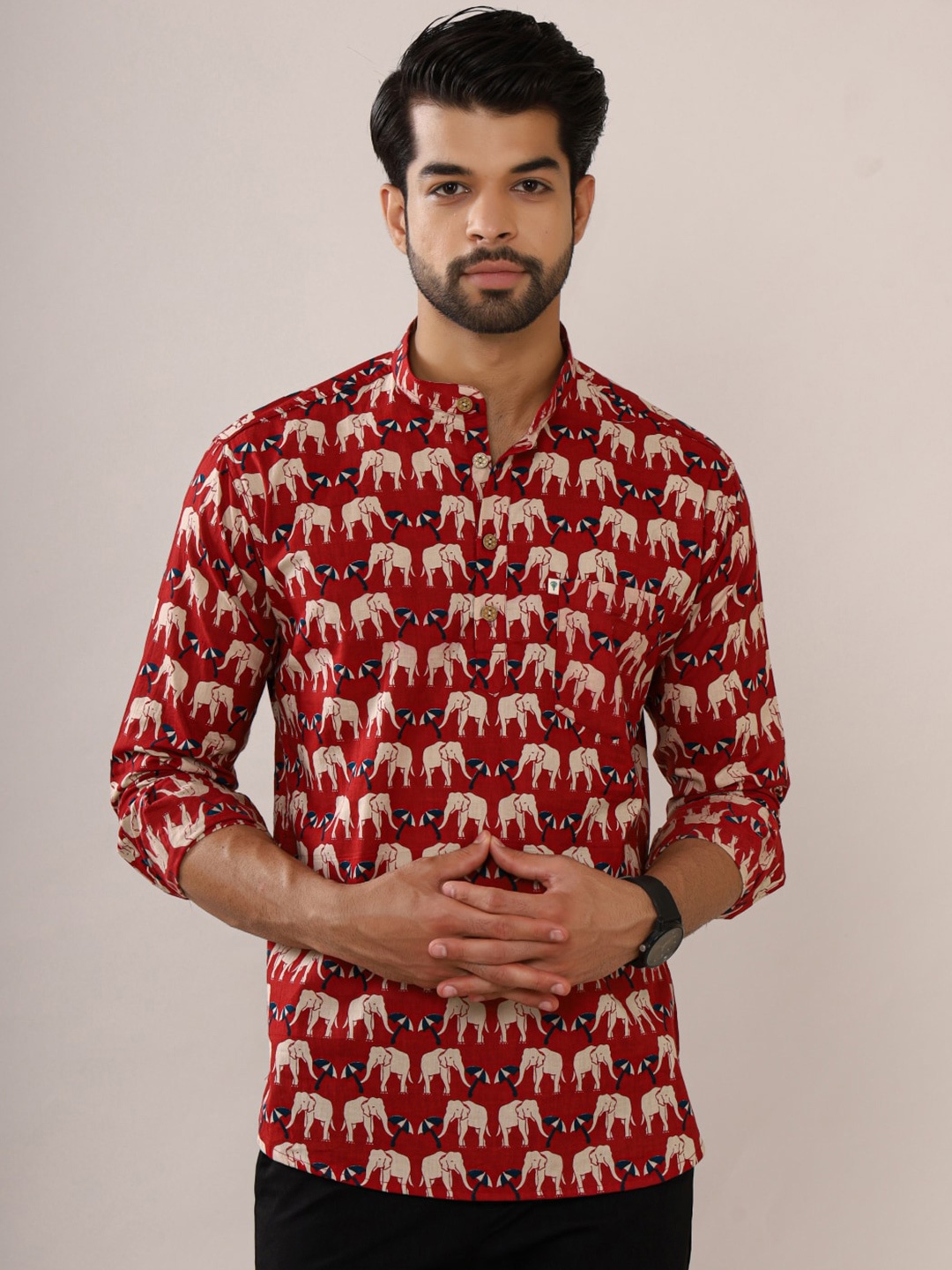 

Hues Fab Mandarin Collar Ethnic Motifs Printed Cotton Kurta, Red