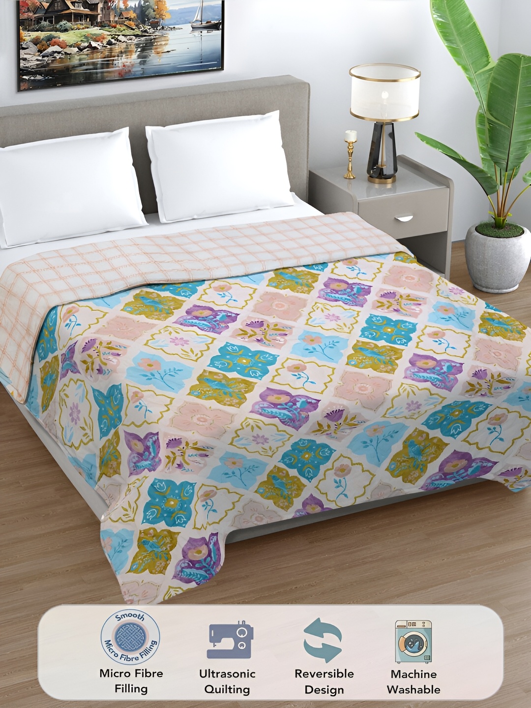 

FABINALIV Blue Geometric Print Ultrasonic Quilted Reversible 350 GSM Double Bed Comforter