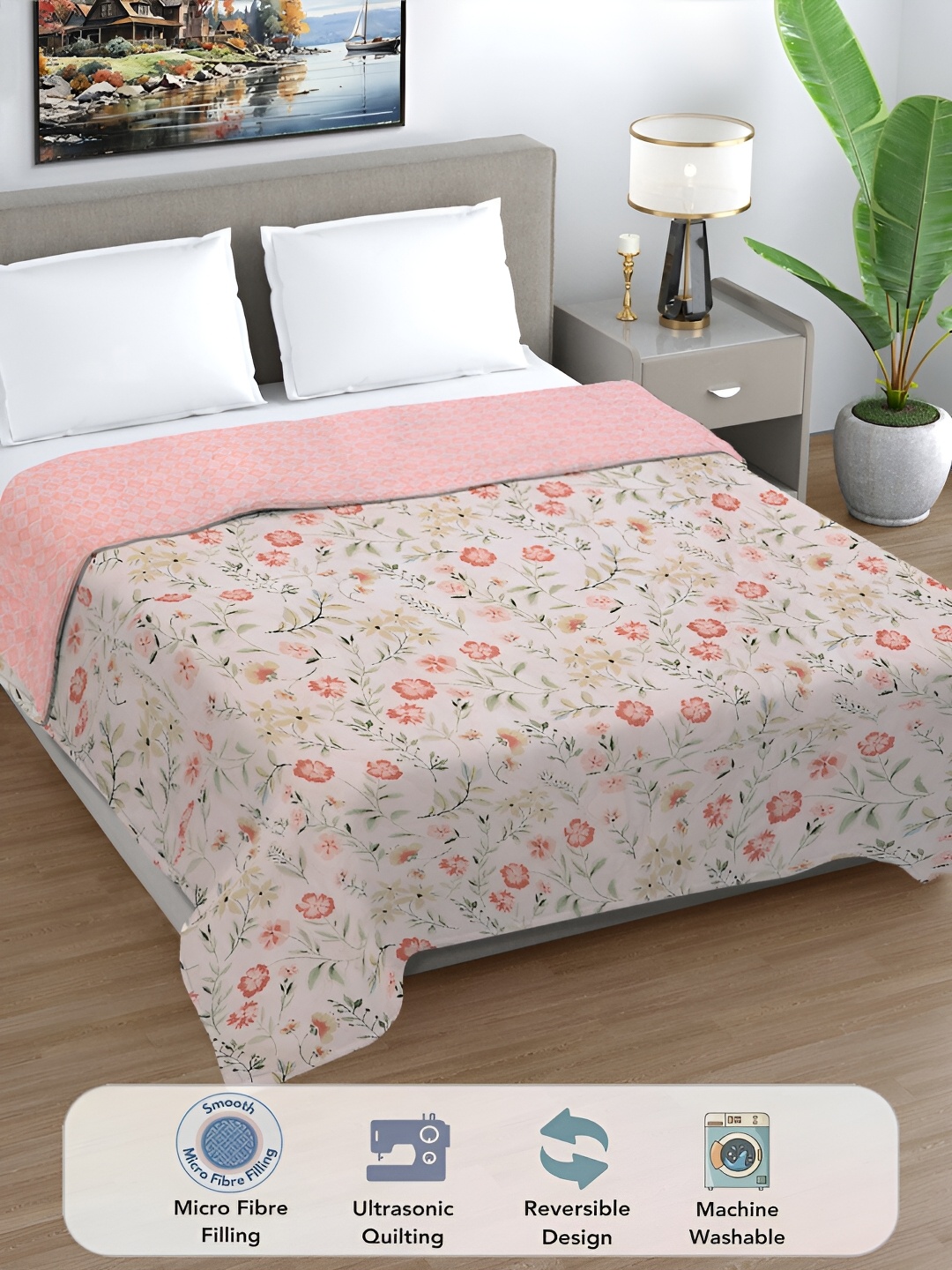 

FABINALIV Floral Ultrasonic Quilted Reversible 350 GSM AC Room Double Bed Comforter, Pink